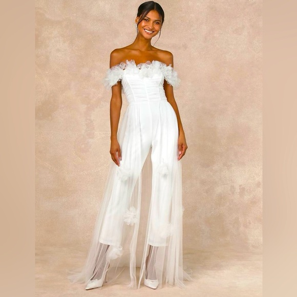 Lulus Modern Devotion White 3D Flower Tulle Overlay Pant Jumpsuit, White,Size S - Picture 6 of 16